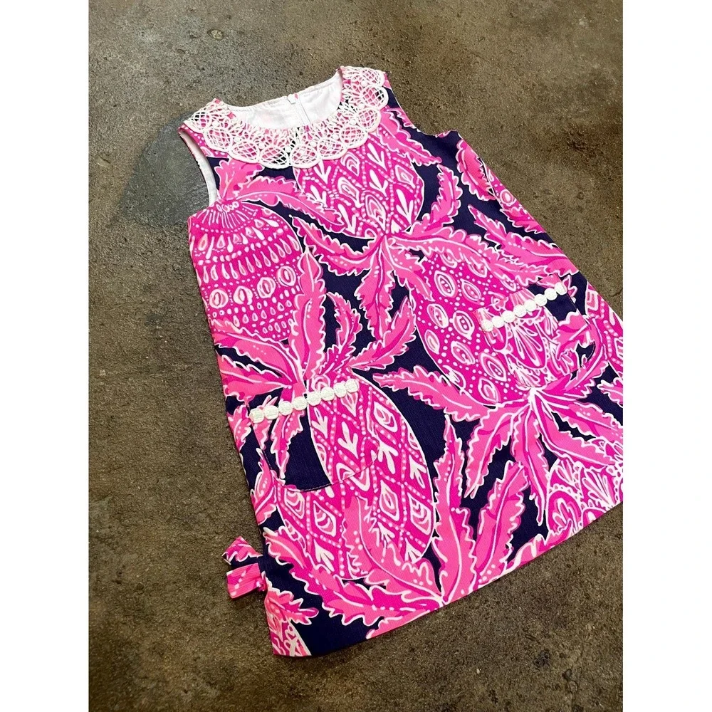Lilly Pulitzer Shift Dress Girls 3 Multicolor‎ Pineapple Lace Collar Back Zip